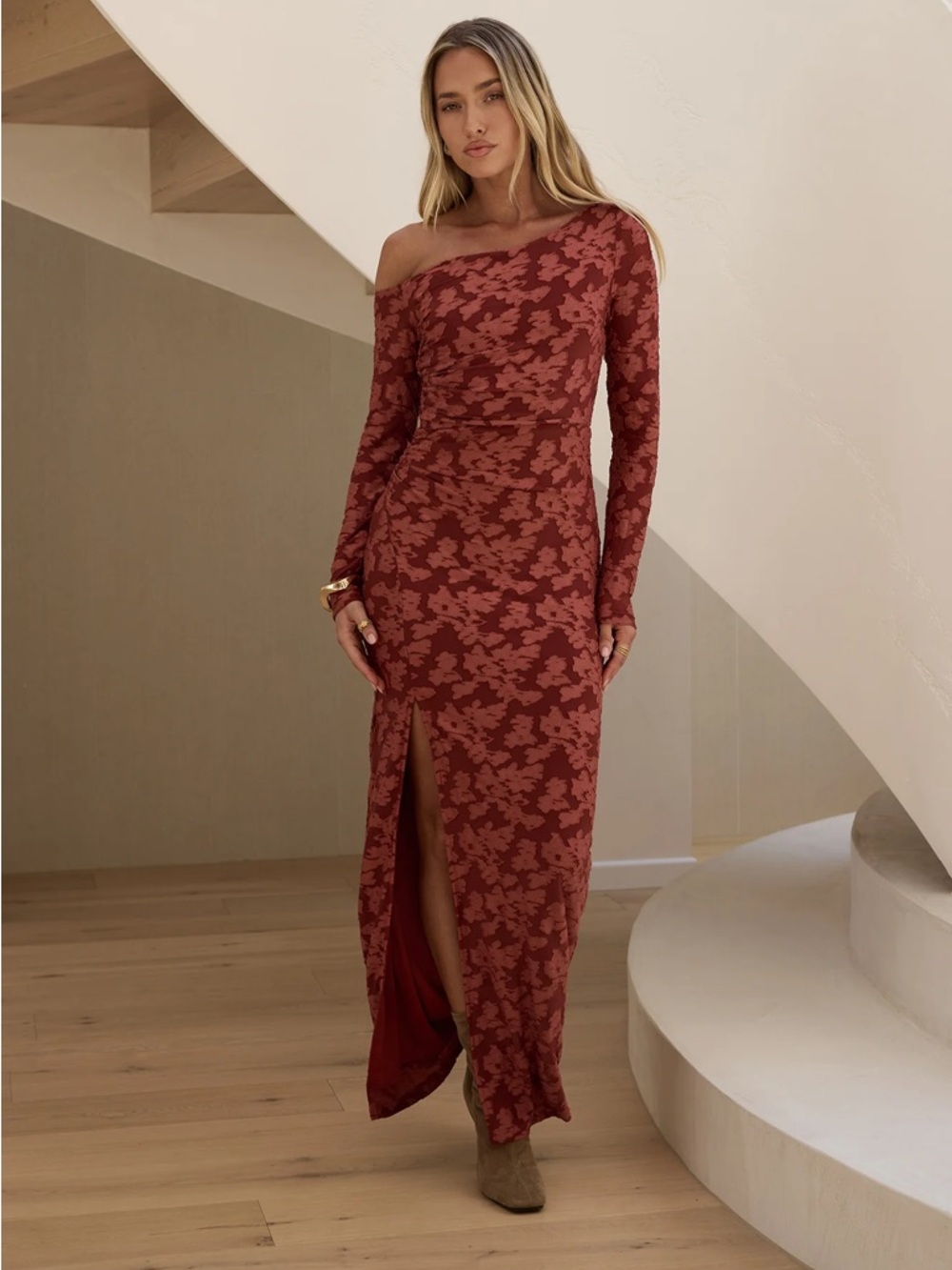 Ruched Long Sleeve Maxi Dress in Rust Floral
